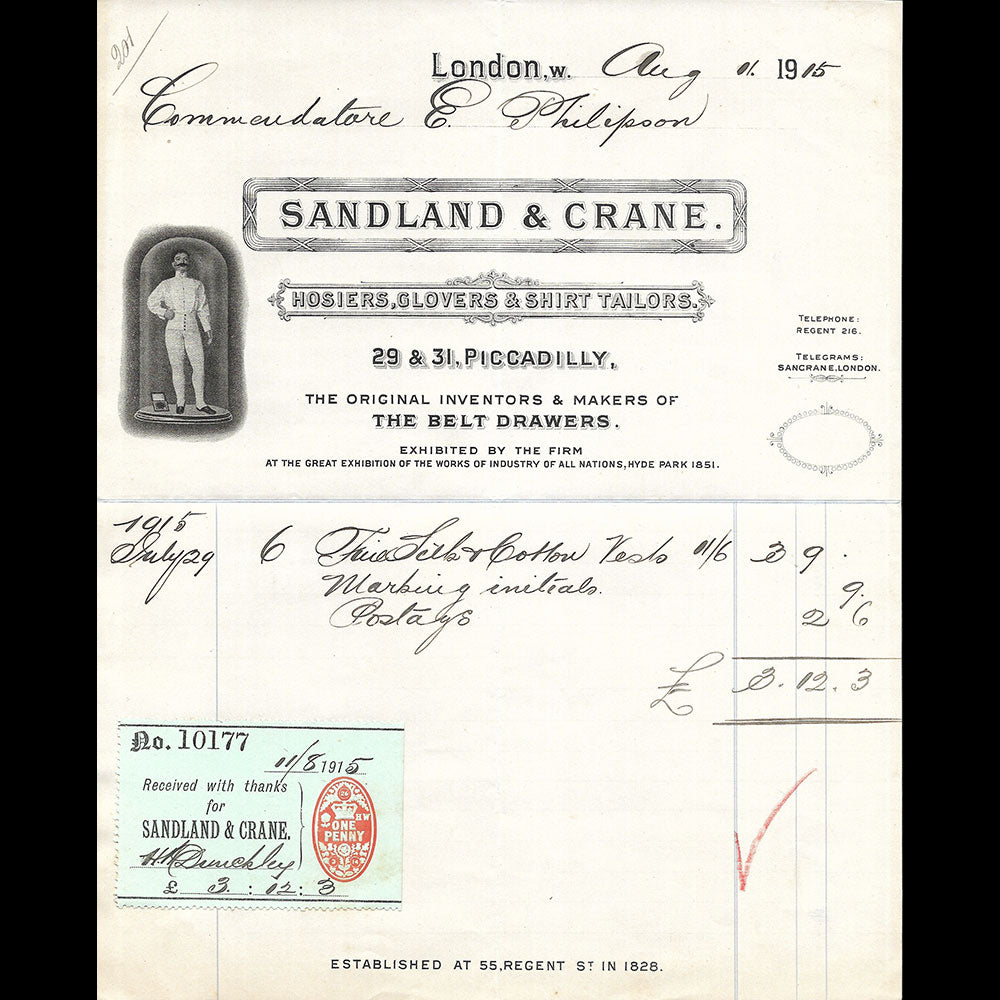 Sandland & Crane - Facture du chemisier, 29 & 31 Piccadilly London (1915)