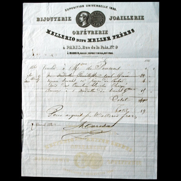 Mellerio, dit Meller frères - Facture de la maison de Bijoutierie, Joaillerie et orfèvrerie, 9 rue de la Paix à Paris (1862)